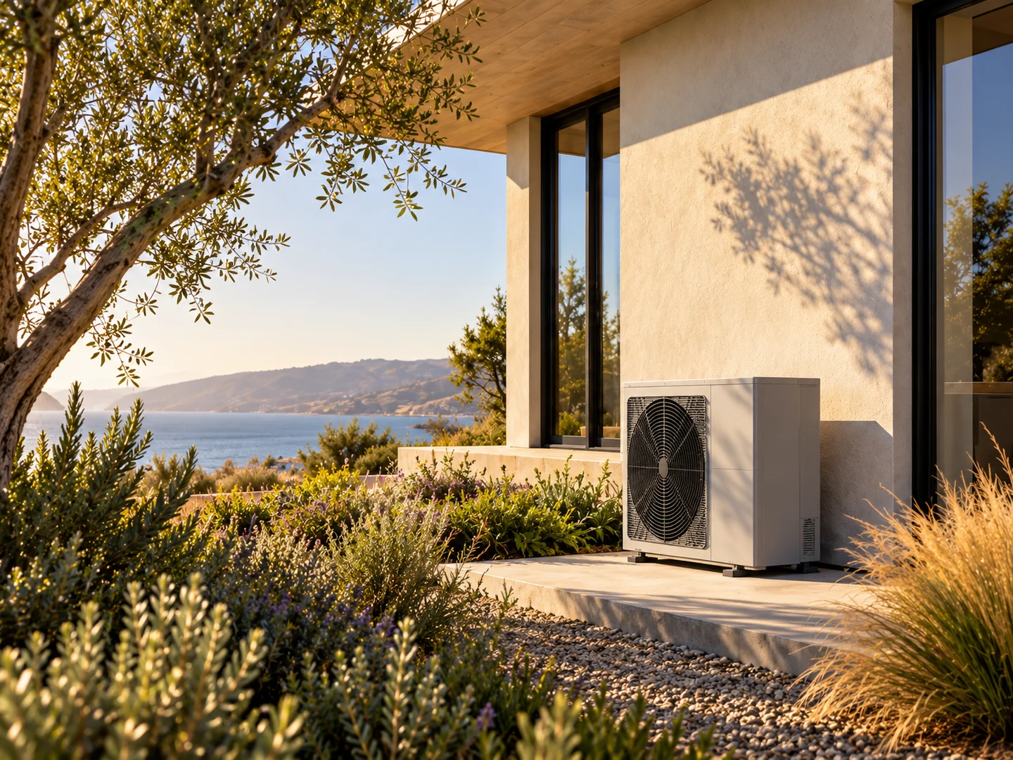 A modern heat pump beside a sunlit stucco home and native garden.