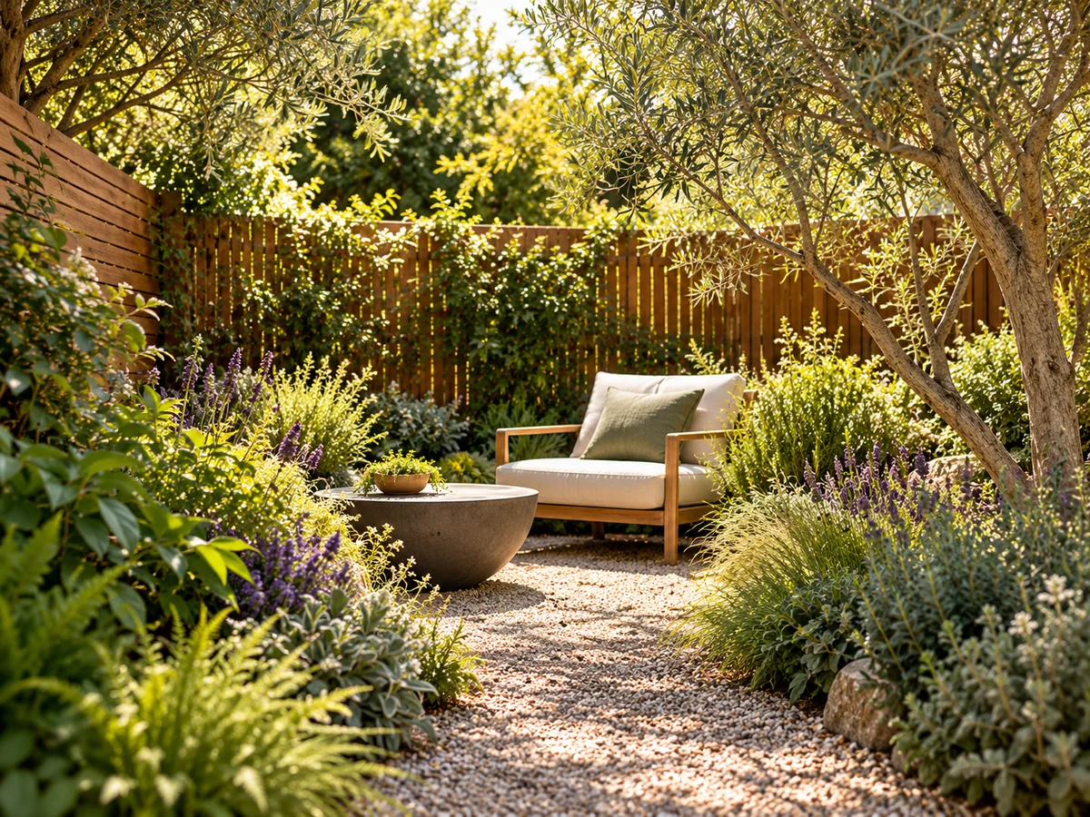 A quiet garden seating corner framed by olive branches and layered planting.