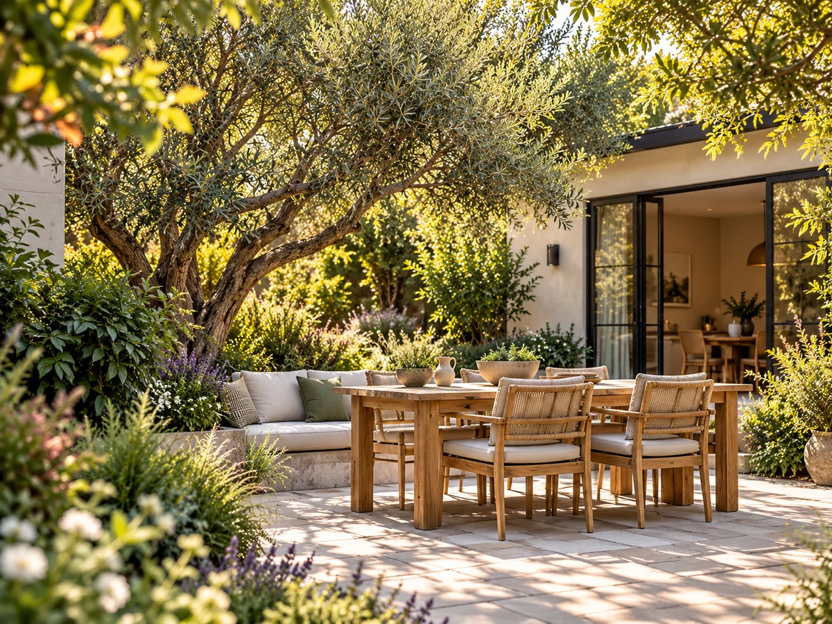 A timber dining table on a stone terrace beneath an olive tree.