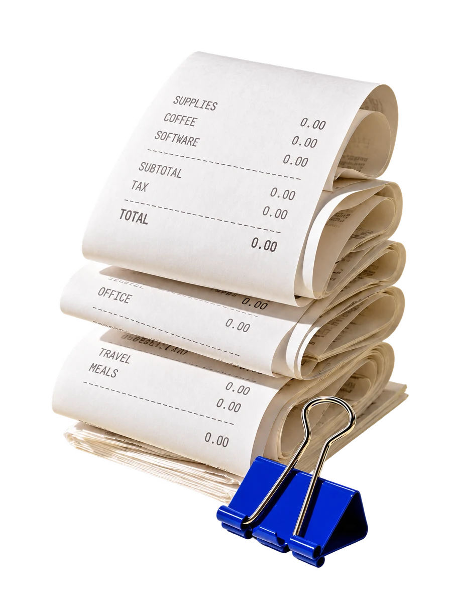 Folded paper receipts with a cobalt blue binder clip on a pale yellow surface.