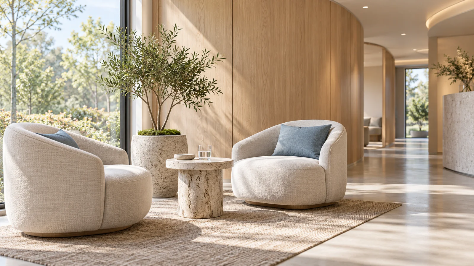 Comfortable linen chairs and soft daylight in a quiet corner of the practice.