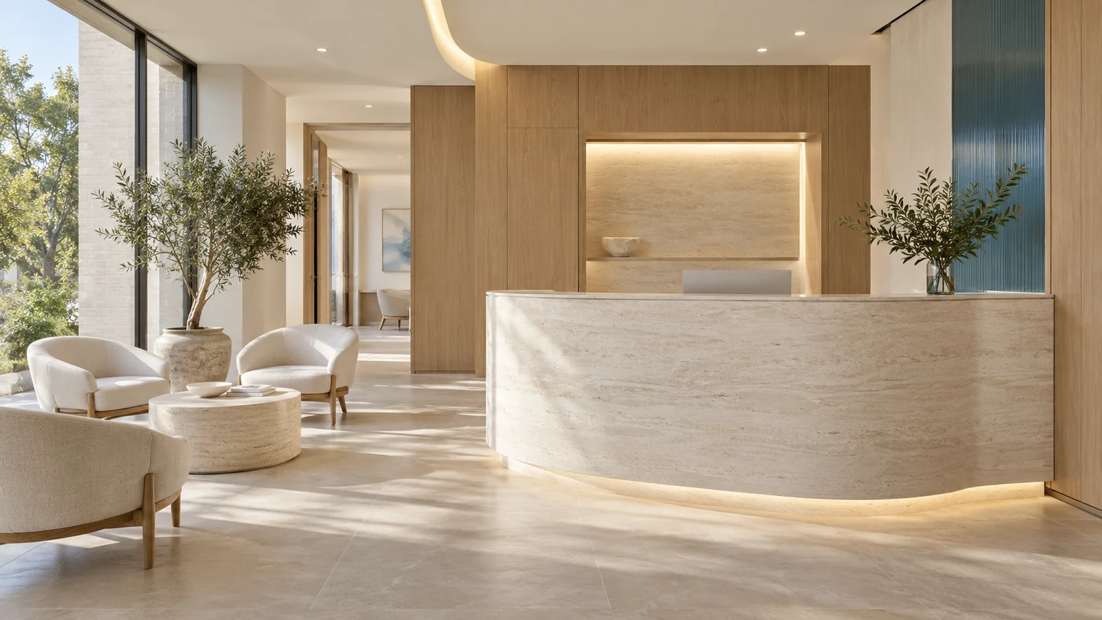 A sunlit reception with a curved stone desk, pale oak, linen chairs, and plants.