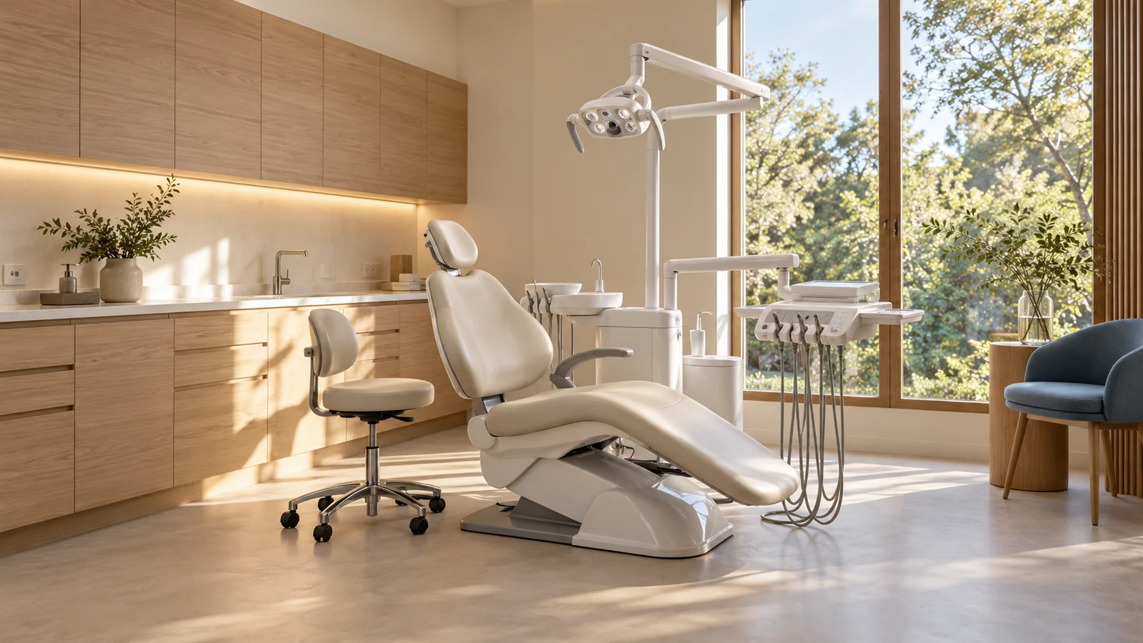 A bright treatment room with a dental chair, examination light, and warm oak cabinets.