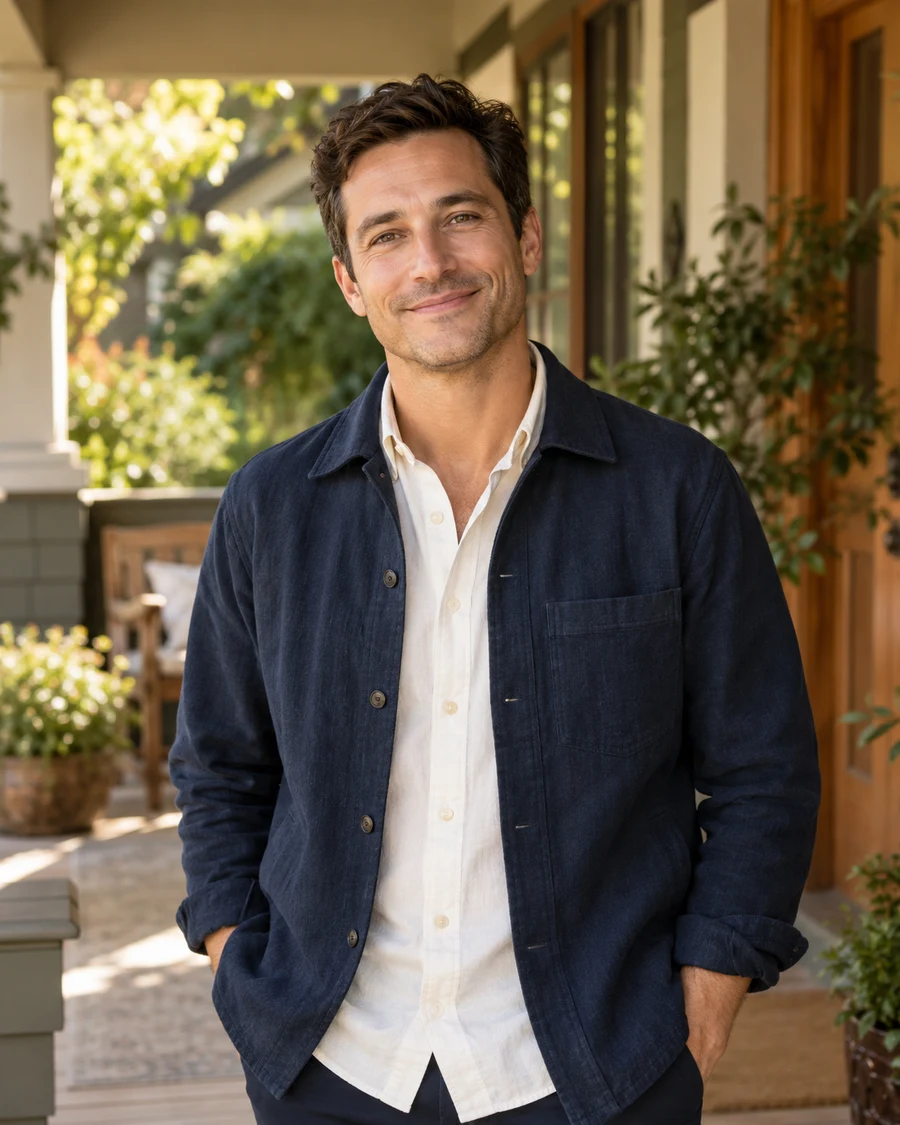 Alex Rowan on a leafy craftsman porch.