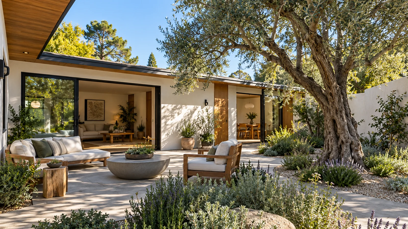 A midcentury house opening onto a sunny private courtyard.