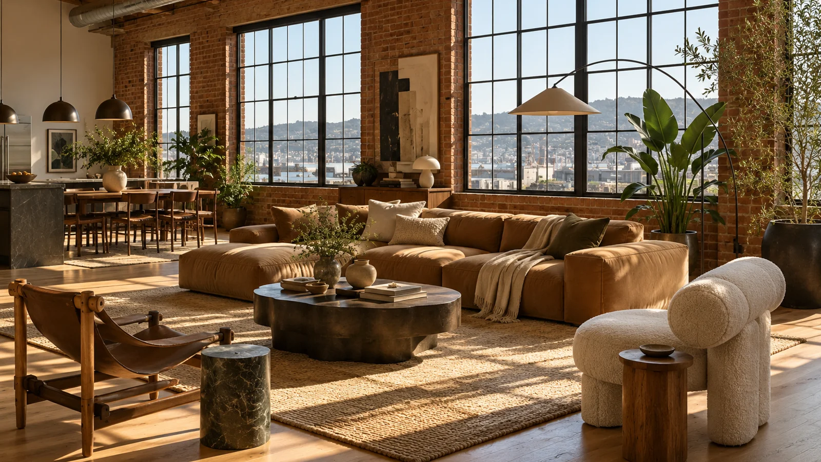 A light-filled loft with tall windows and warm wood floors.