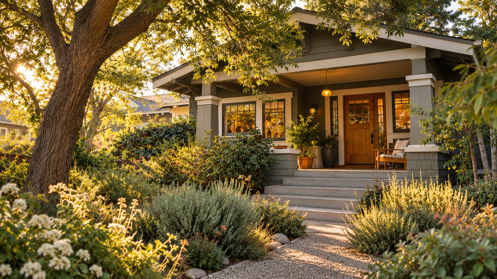 A craftsman bungalow with a deep front porch beneath mature trees.