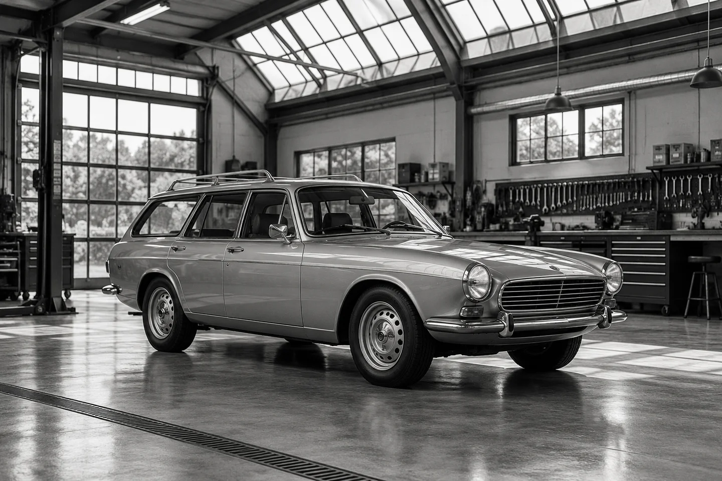 A silver station wagon on the floor of a daylight-filled workshop, photographed in black and white.