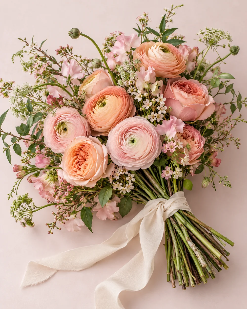 A hand-tied bouquet of blush and peach flowers with green stems.