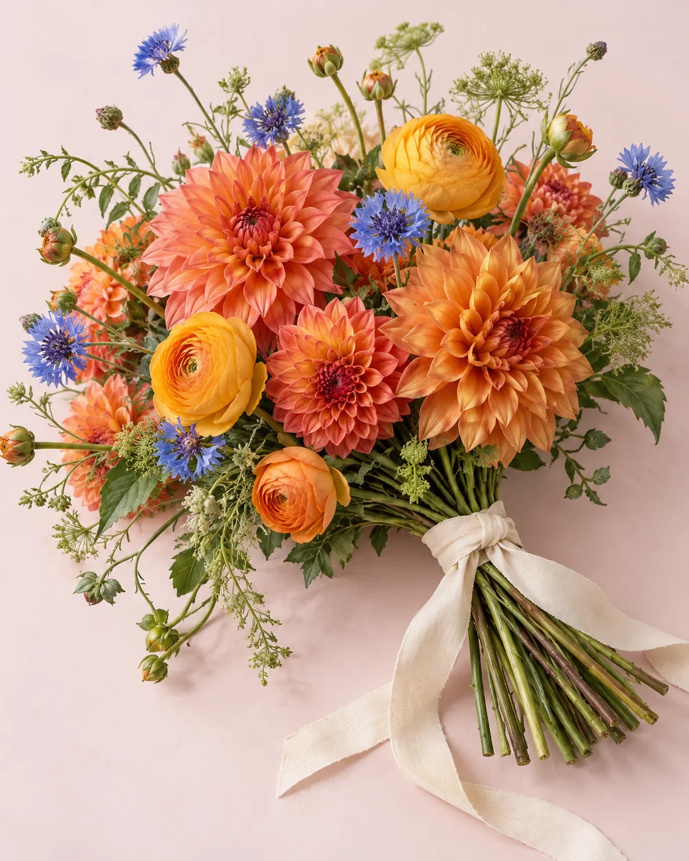 An expressive bouquet of orange and coral dahlias, golden flowers, and airy blue accents.