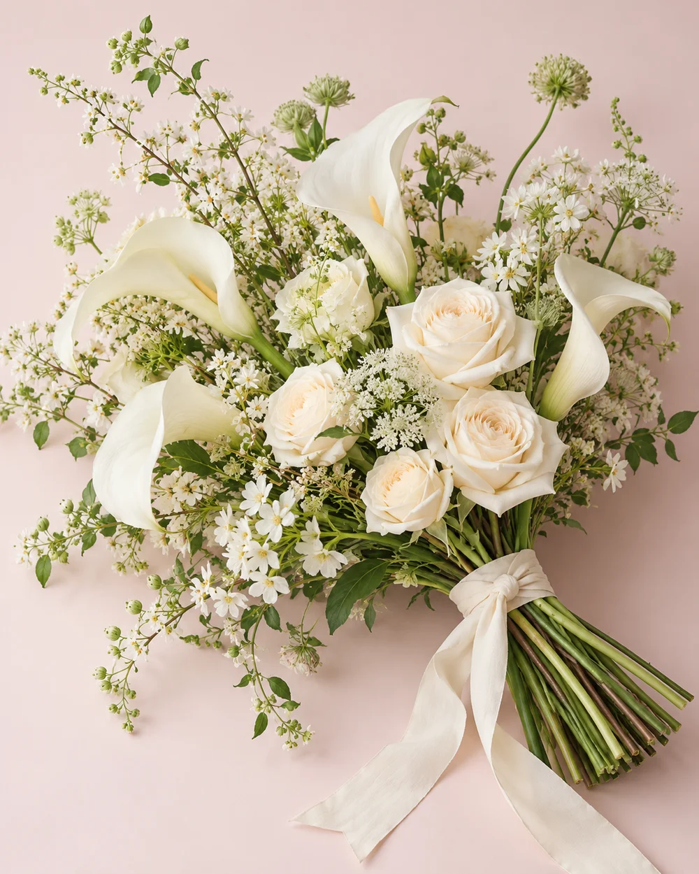 A loose bouquet of white calla lilies, ivory roses, and delicate white flowers.