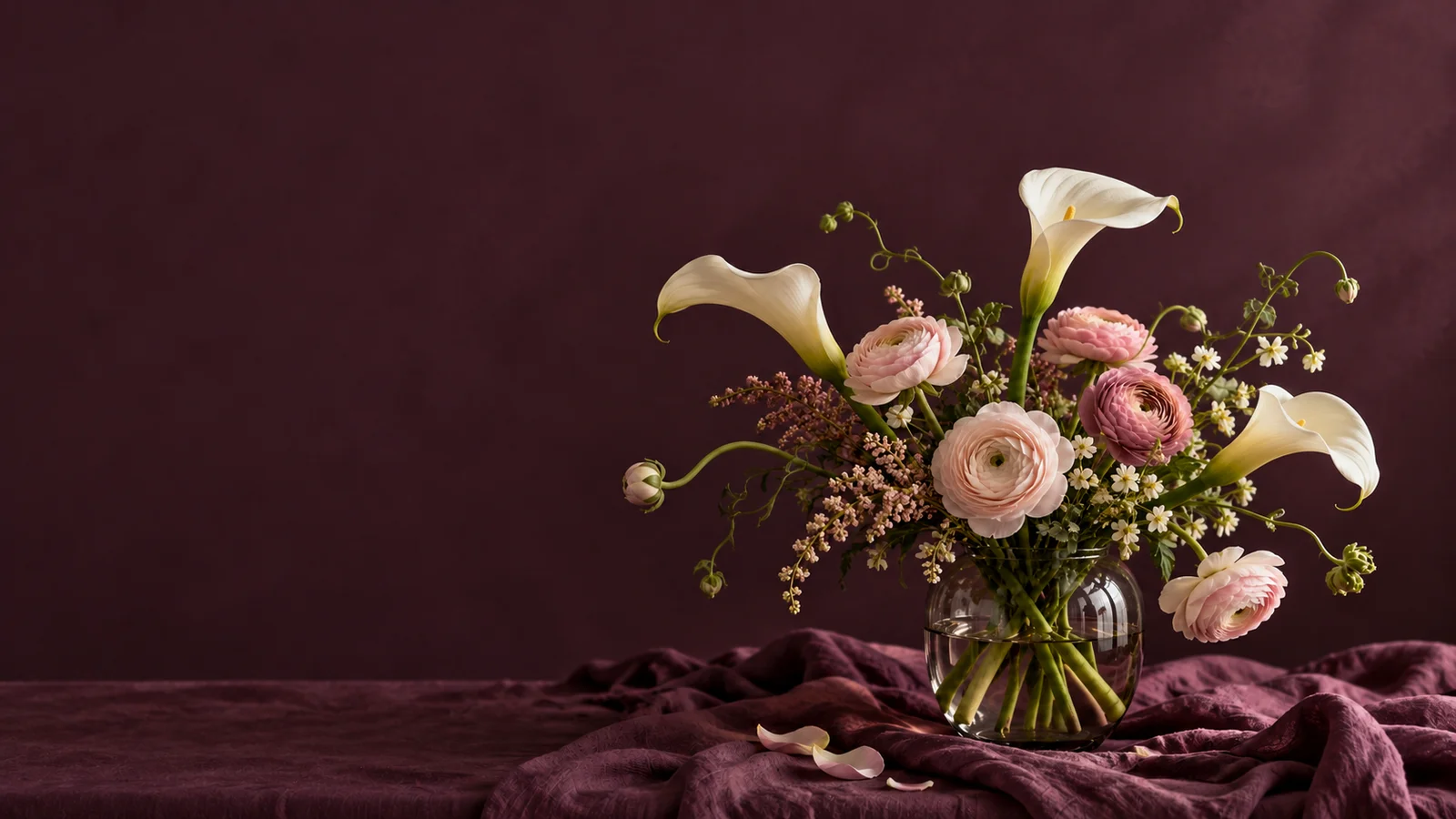 Sculptural white calla lilies and pale pink flowers in a glass vase against a deep plum backdrop.