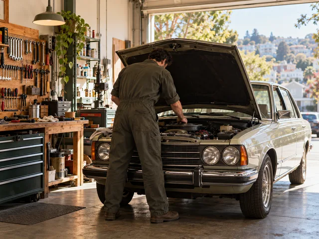 Independent auto shop with a mechanic working on a car.