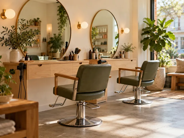 Neighborhood hair salon with styling chairs and warm natural light.