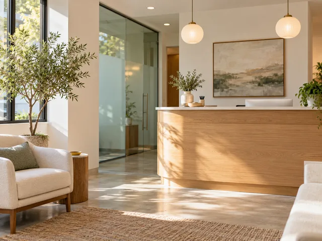 Care-practice reception with a welcoming desk and comfortable seating.