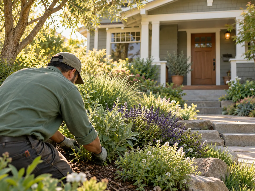 A gardener tending layered planting beside a welcoming California home.