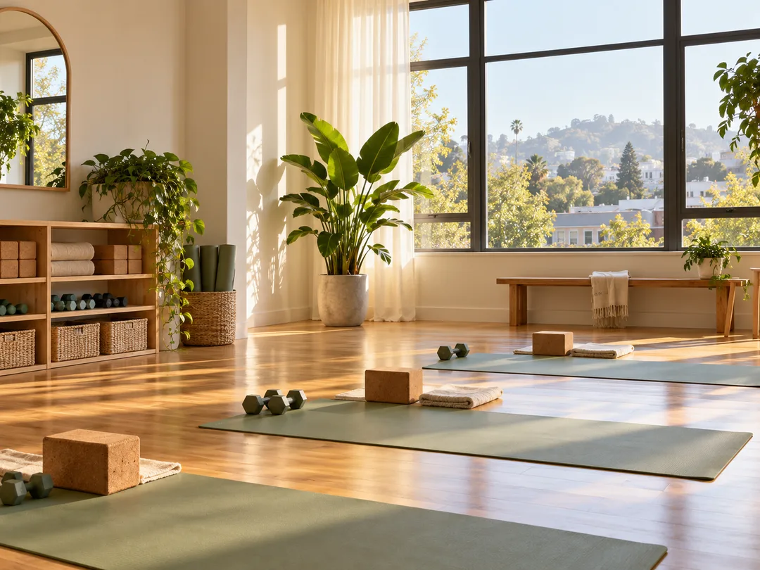 Sunlight across mats and plants in a warm, welcoming movement studio.