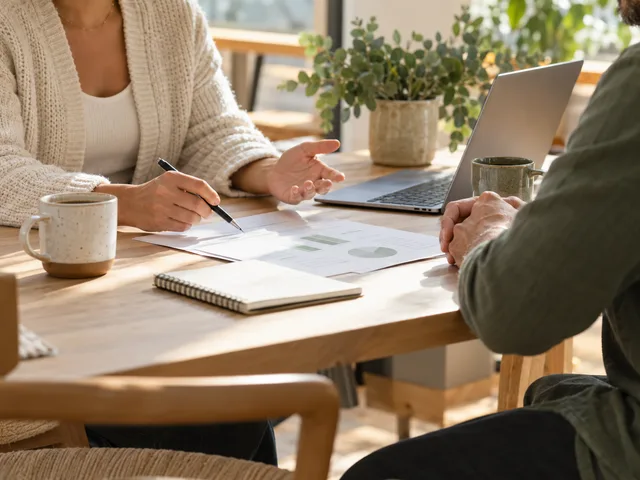 Consultation at a desk with a laptop and business documents.