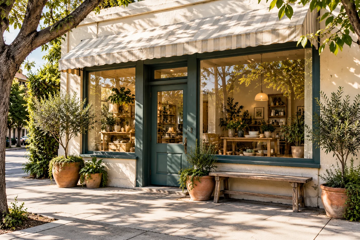 An inviting neighborhood storefront with green doors, plants, and warm California light